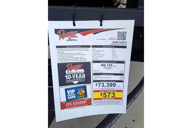 Slide: The Image of 2026 Ranger 223FC boat specifications and pricing sheet with warranty and discount offers. - 6