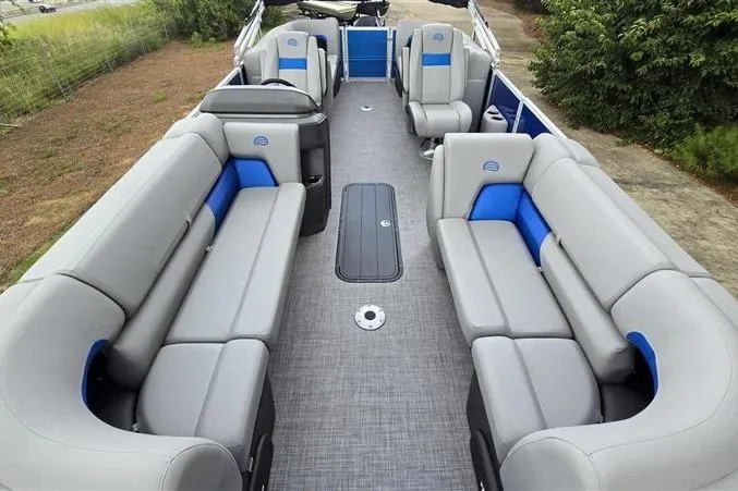 Slide: The Image of 2026 Sun Tracker Party Barge 22 XP3 pontoon boat with spacious seating and modern design. - 11