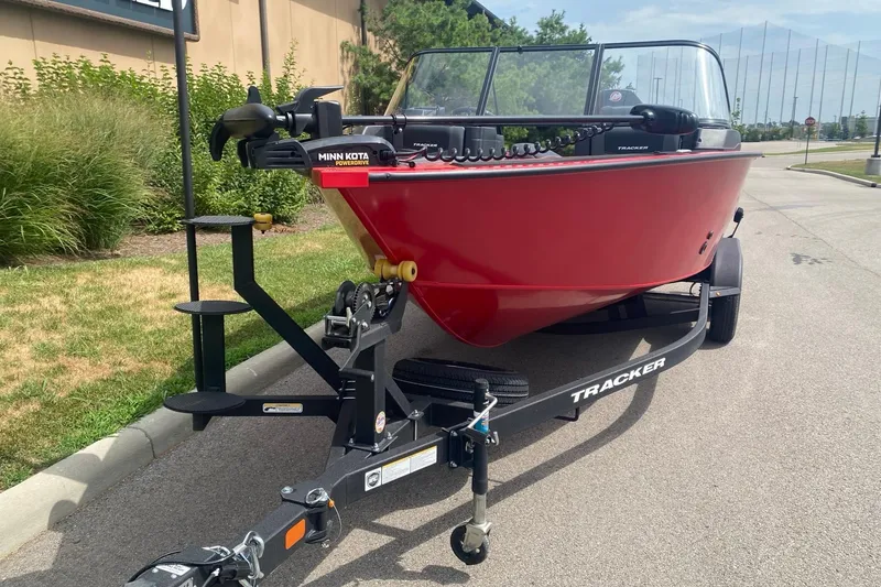 Slide: The Image of 2026 Tracker Targa V-19 Combo boat on trailer, featuring Minn Kota PowerDrive motor. - 3