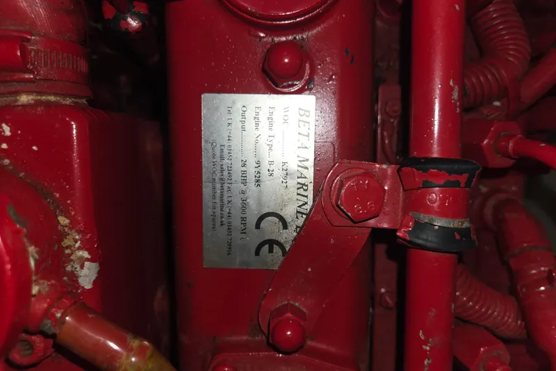 Slide: The Image of Red Beta Marine engine label on a 1981 Sea Sprite 34 sailboat. - 19