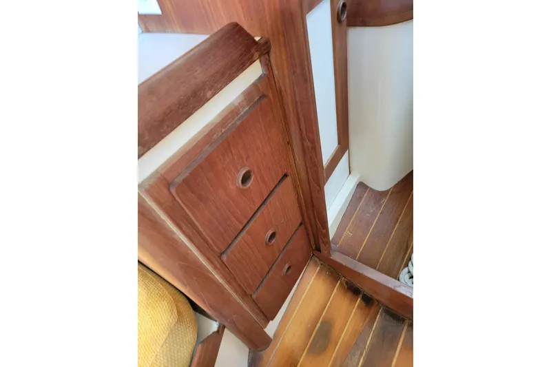 Slide: The Image of Interior view of 1981 Sea Sprite 34 sailboat with wooden cabinetry and flooring. - 31