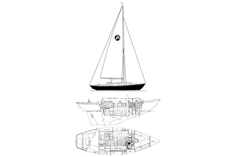 Slide: The Image of Blueprint of 1981 Sea Sprite 34 sailboat, showcasing side and top views. - 35