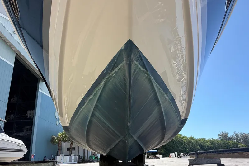 Slide: The Image of 2016 Performance Cruiser Formula 40 boat on dry dock, viewed from below. - 11