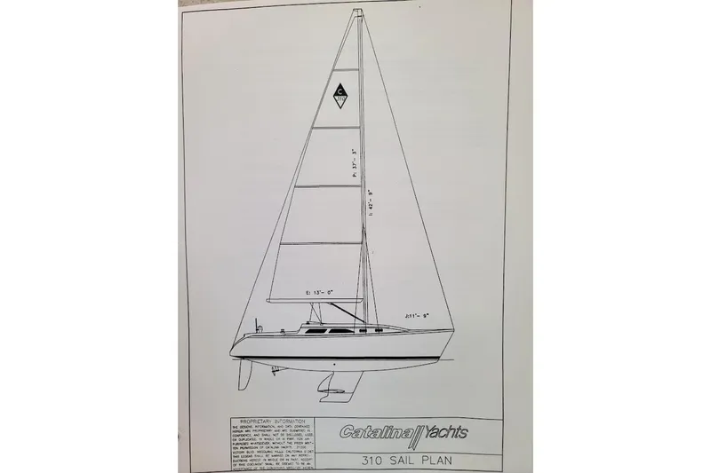 Slide: The Image of Blueprint of 2006 Catalina 310 sailboat, showcasing detailed sail plan and design specifications. - 14