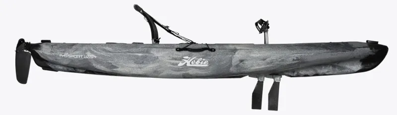 Slide: The Image of 2024 Hobie Passport 10.5R DLX kayak, side view, featuring sleek design and pedal system. - 3