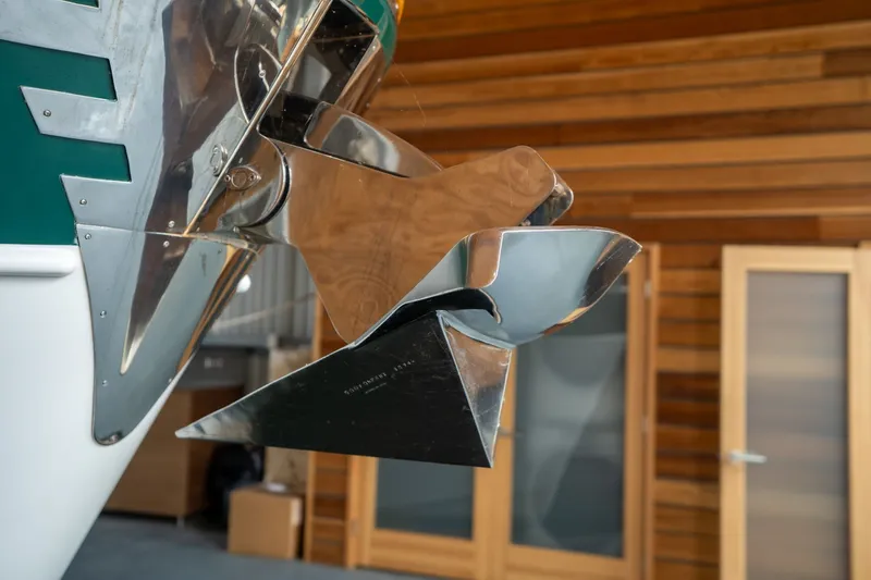 Slide: The Image of Close-up of a 2009 Outer Reef Yachts motor yacht anchor in a wooden interior setting. - 67