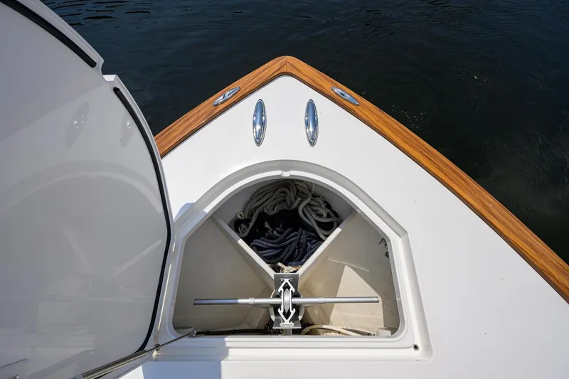 Slide: The Image of Bow of 2020 Valhalla Boatworks V-41 with open anchor locker and ropes. - 34
