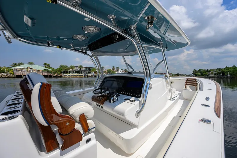 Slide: The Image of 2020 Valhalla Boatworks V-41 center console with luxurious seating and advanced navigation system. - 22