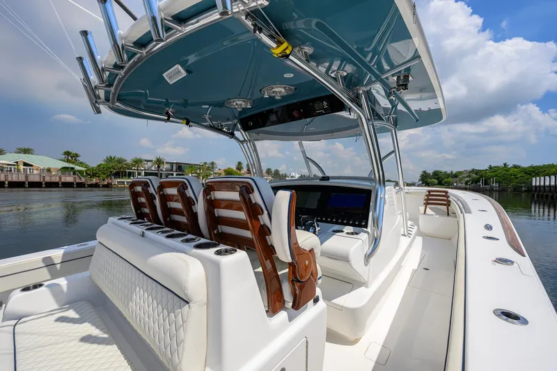 Slide: The Image of 2020 Valhalla Boatworks V-41 interior with luxurious seating and modern helm design. - 23
