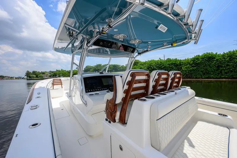 Slide: The Image of 2020 Valhalla Boatworks V-41 interior with sleek seating and modern helm design. - 15