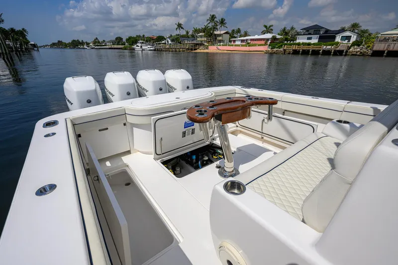 Slide: The Image of 2020 Valhalla Boatworks V-41 with quad engines, luxurious seating, and fishing amenities. - 59