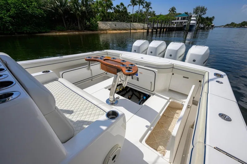 Slide: The Image of 2020 Valhalla Boatworks V-41 with quad engines, luxurious seating, and fishing amenities. - 58