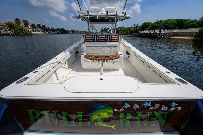 Slide: The Image of 2020 Valhalla Boatworks V-41 on water, featuring spacious deck and custom graphics. - 53