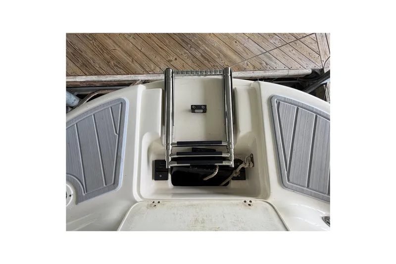 Slide: The Image of 2010 Bryant 255 boat swim platform with foldable ladder and wooden dock background. - 34