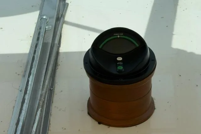 Slide: The Image of Compass on 1980 Chris-Craft 381 Catalina boat deck, close-up view. - 14