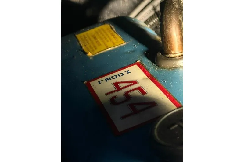 Slide: The Image of Engine detail of 1980 Chris-Craft 381 Catalina with GM 454 label. - 32