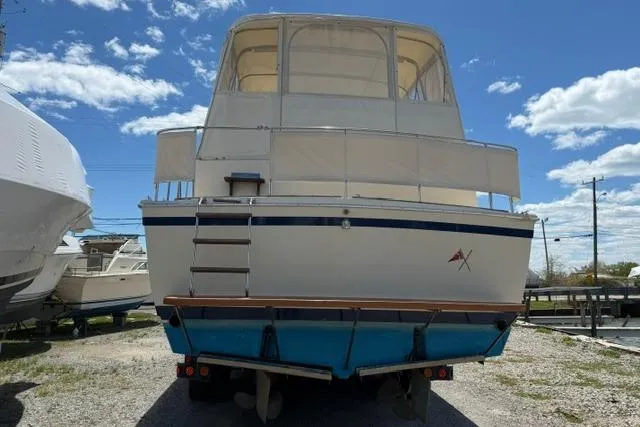 Slide: The Image of 1980 Chris-Craft 381 Catalina boat on trailer under a clear blue sky. - 6