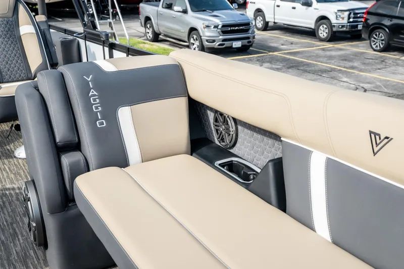 Slide: The Image of Luxurious seating in the 2026 Viaggio Z24S boat, featuring elegant beige and gray upholstery. - 15