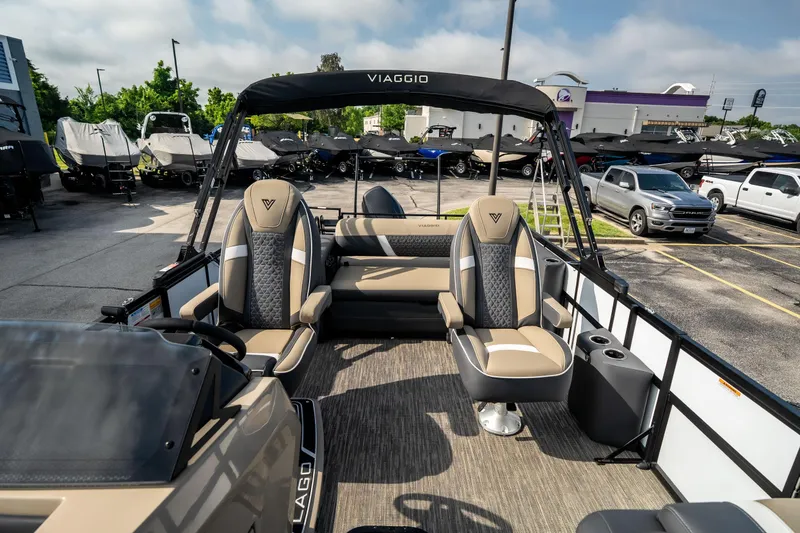 Slide: The Image of 2026 Viaggio Z24S pontoon boat interior with luxurious seating and modern design. - 18