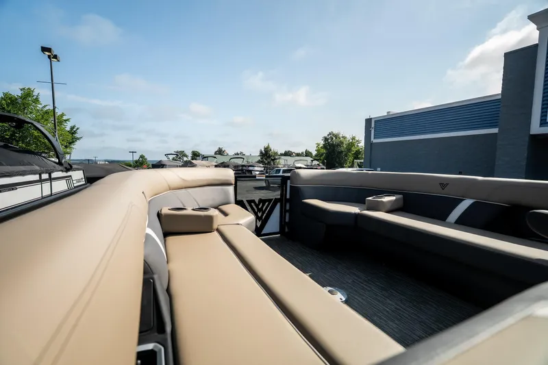 Slide: The Image of Luxurious interior of 2026 Viaggio Z24S pontoon boat with beige seating and modern design. - 37