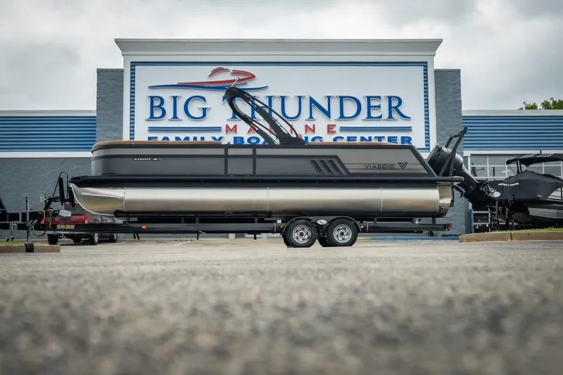 Slide: The Image of 2026 Viaggio Diamante UWA 26 pontoon boat at Big Thunder Marine dealership. - 14