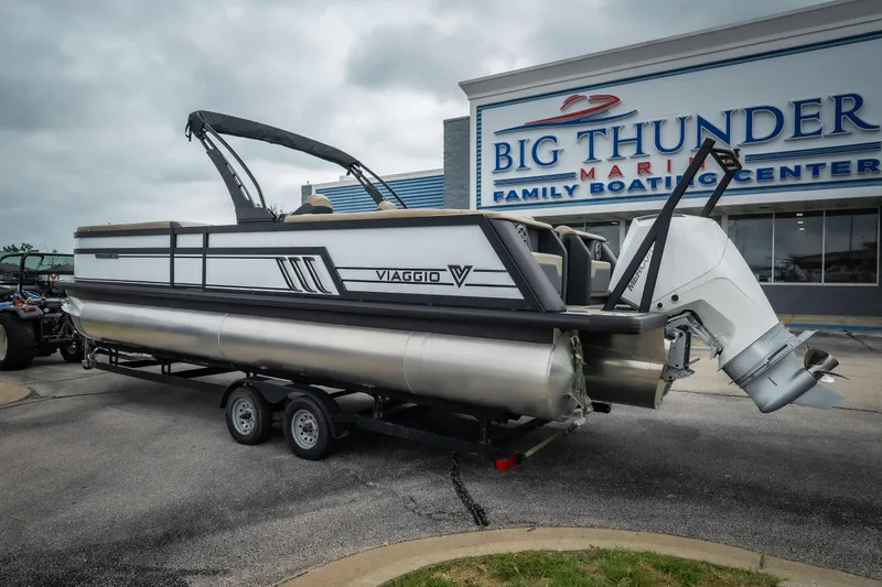 Slide: The Image of 2026 Viaggio D26U pontoon boat at Big Thunder Marine dealership. - 10