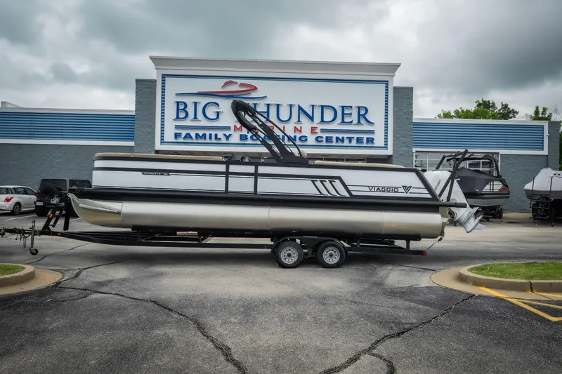 Slide: The Image of 2026 Viaggio D26U pontoon boat on trailer at Big Thunder Marine center. - 11