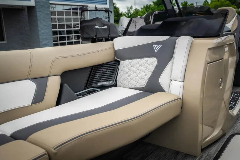 Slide: The Image of Luxurious seating on 2026 Viaggio D26U boat, featuring elegant beige and gray upholstery. - 16