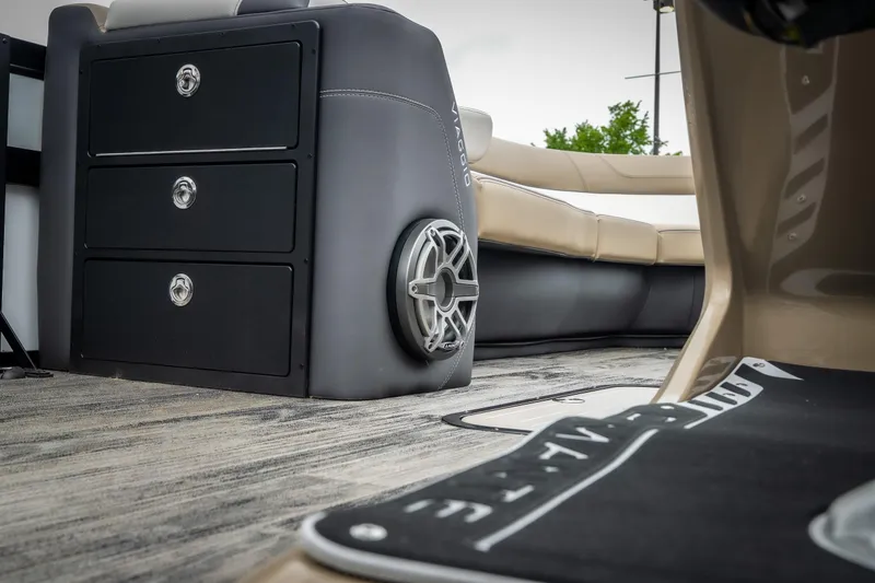 Slide: The Image of 2026 Viaggio D26U boat interior with storage drawers and speaker detail. - 26