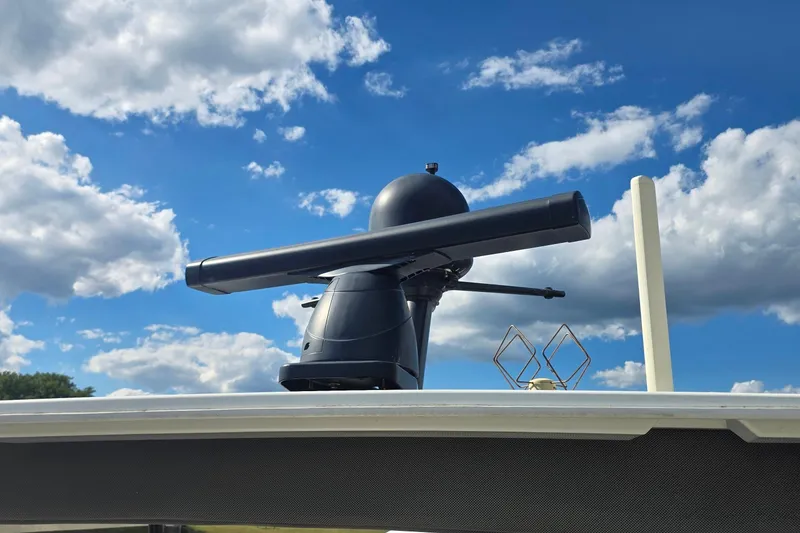 Slide: The Image of Radar equipment on 2018 Fountaine Pajot Motor Yacht 44 against a cloudy blue sky. - 77
