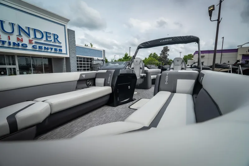 Slide: The Image of 2026 Viaggio Lago X-U 24 pontoon boat at Thunder Marine Center, showcasing spacious seating. - 14