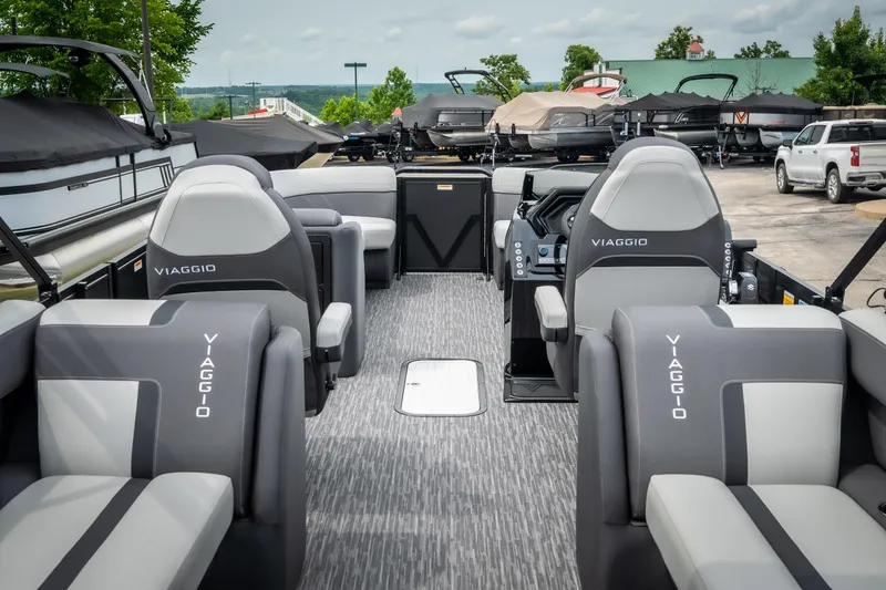 Slide: The Image of 2026 Viaggio Lago X-U 24 pontoon boat interior with sleek seating and modern design. - 33