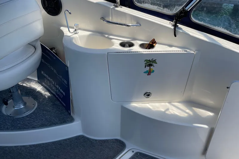 Slide: The Image of 2008 Bayliner 265 boat interior with sink, storage, and palm tree decal. - 7