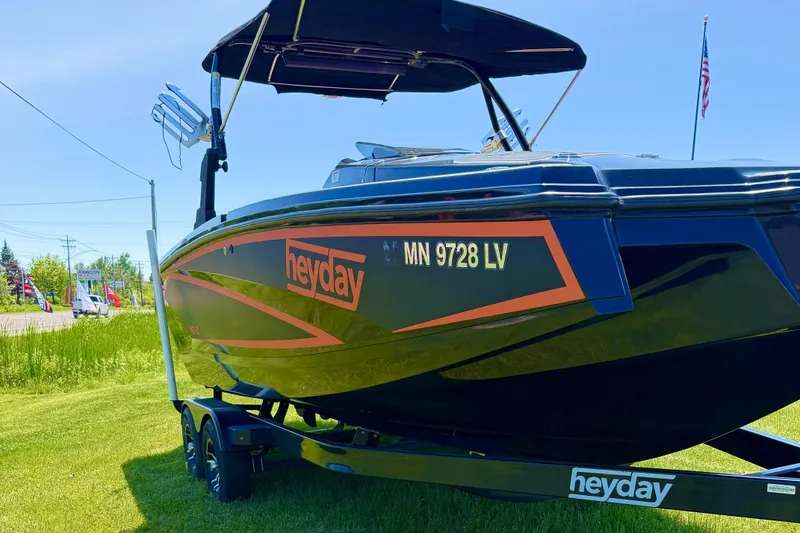 Slide: The Image of 2018 Heyday WT-2 boat on trailer, displayed outdoors with vibrant green grass. - 1