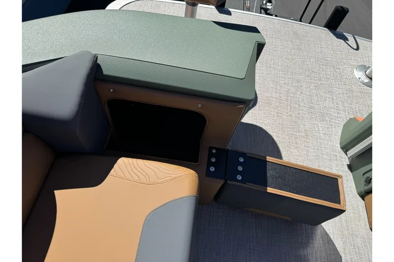 Slide: The Image of 2026 Tahoe Pontoon Geofish RF 21 interior seating and storage compartment. - 32