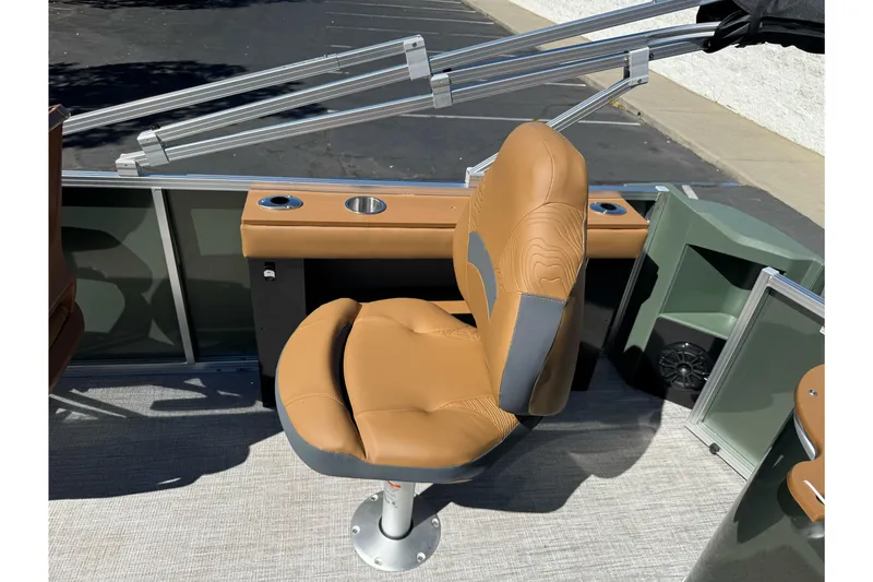 Slide: The Image of Luxurious seating on 2026 Tahoe Pontoon Geofish RF 21 boat, featuring cup holders and modern design. - 19