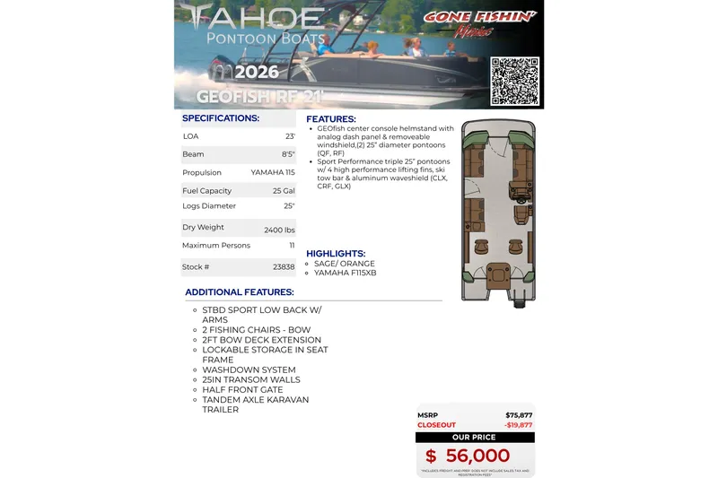 Slide: The Image of 2026 Tahoe Pontoon Geofish RF 21 boat specifications and features with pricing details. - 38