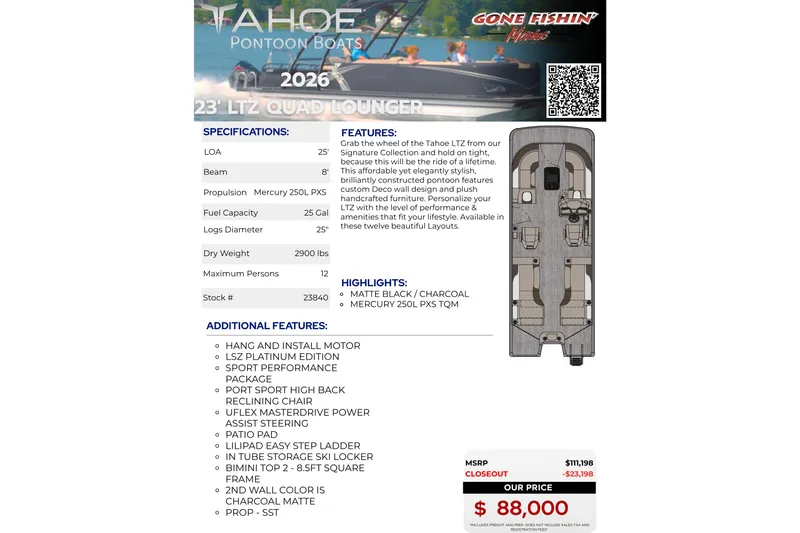 Slide: The Image of 2026 Tahoe Pontoon LTZ Quad Lounger Shift 23, features, specifications, and pricing details. - 33