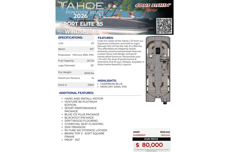 Slide: The Image of 2026 Tahoe Pontoon Sport 85 Elite Windshield, 25ft, Mercury 200L PXS, $80,000. - 20