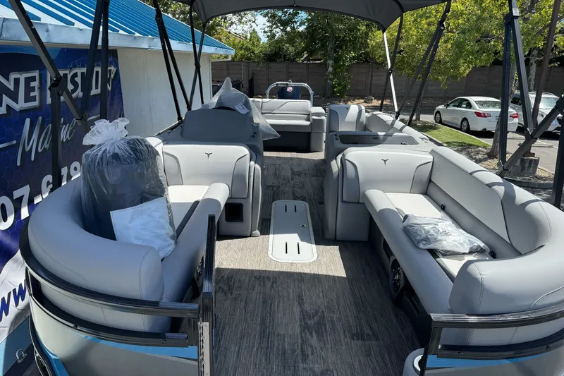 Slide: The Image of 2026 Tahoe Pontoon Sport 85 Elite Windshield 25 with spacious seating and modern design. - 5
