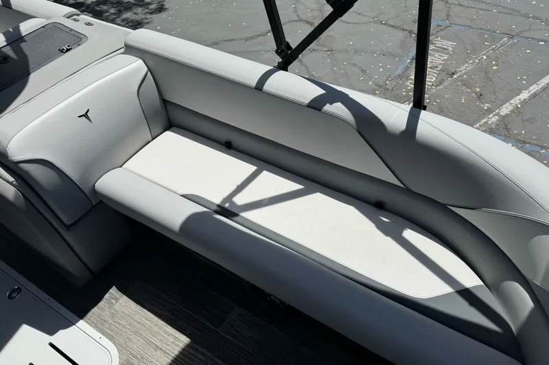 Slide: The Image of 2026 Tahoe Pontoon Sport 85 Elite Windshield 25, featuring sleek gray seating. - 8