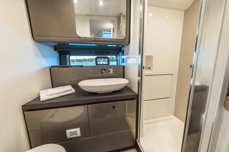 Slide: The Image of Luxurious bathroom interior of 2023 Azimut Verve 47 yacht with modern fixtures. - 27