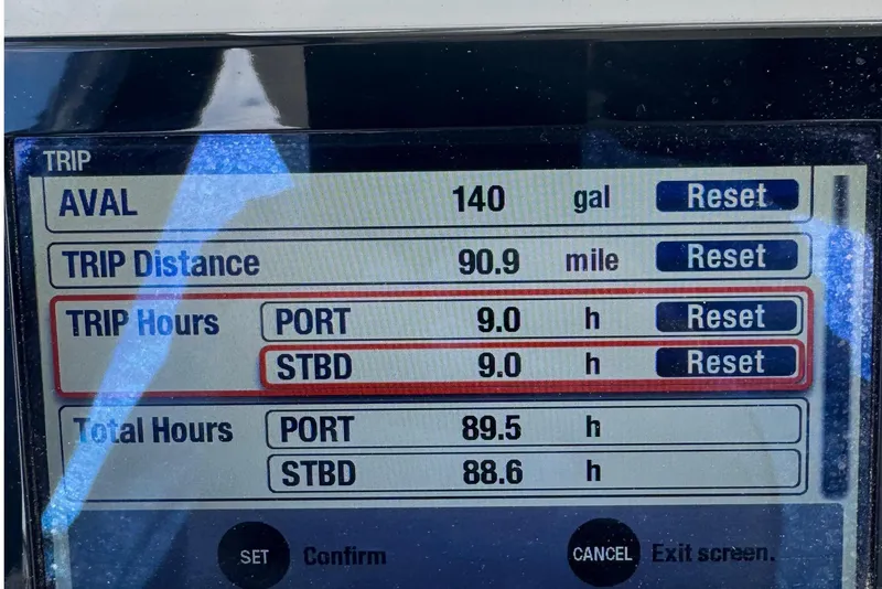 Slide: The Image of Yamaha display showing trip data on a 2011 Pursuit C 280 Center Console boat. - 10