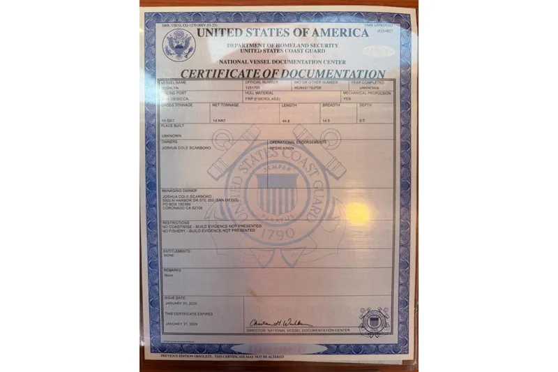 Slide: The Image of Certificate of Documentation for 2008 Hunter 45 Deck Salon vessel, issued by U.S. Coast Guard. - 104