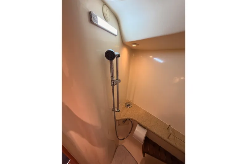 Slide: The Image of Shower area in 2008 Hunter 45 Deck Salon yacht, featuring modern fixtures and lighting. - 81