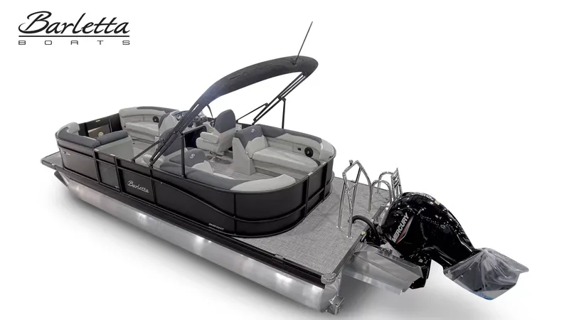 Slide: The Image of 2027 Barletta SANZA S22QC/TT, a sleek pontoon boat with a black hull and gray seating. - 3