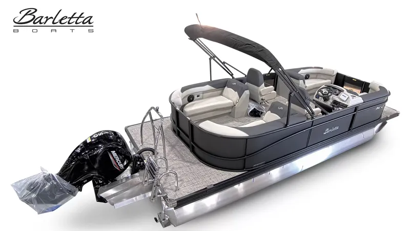 Slide: The Image of 2027 Barletta SANZA S22QC/TT, a sleek pontoon boat with luxurious seating and a Mercury engine. - 4