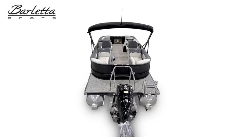Slide: The Image of 2027 Barletta SANZA S22QC/TT, a sleek pontoon boat with black canopy and gray deck. - 6