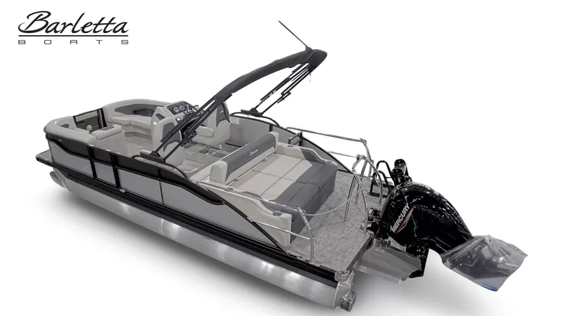 Slide: The Image of Barletta ARIA A22UC/TT 2027: Sleek pontoon boat with gray seating and a black outboard motor. - 3