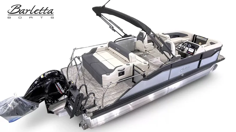 Slide: The Image of The image shows a 2027 Barletta ARIA A22UC/TT pontoon boat with a Mercury outboard motor. - 4
